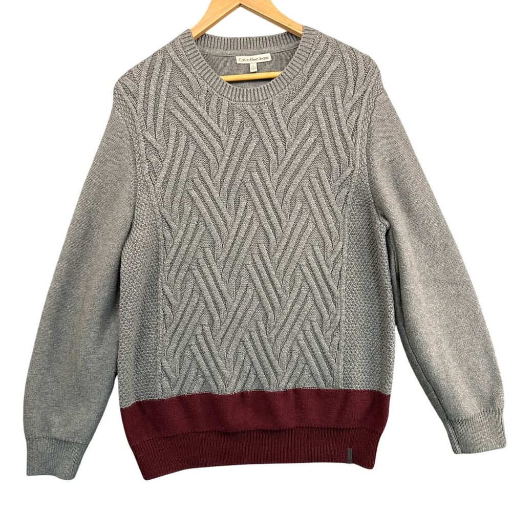 Calvin Klein Grey Cable-Knit Ribbed Burgundy Waistband Sweater Women Large